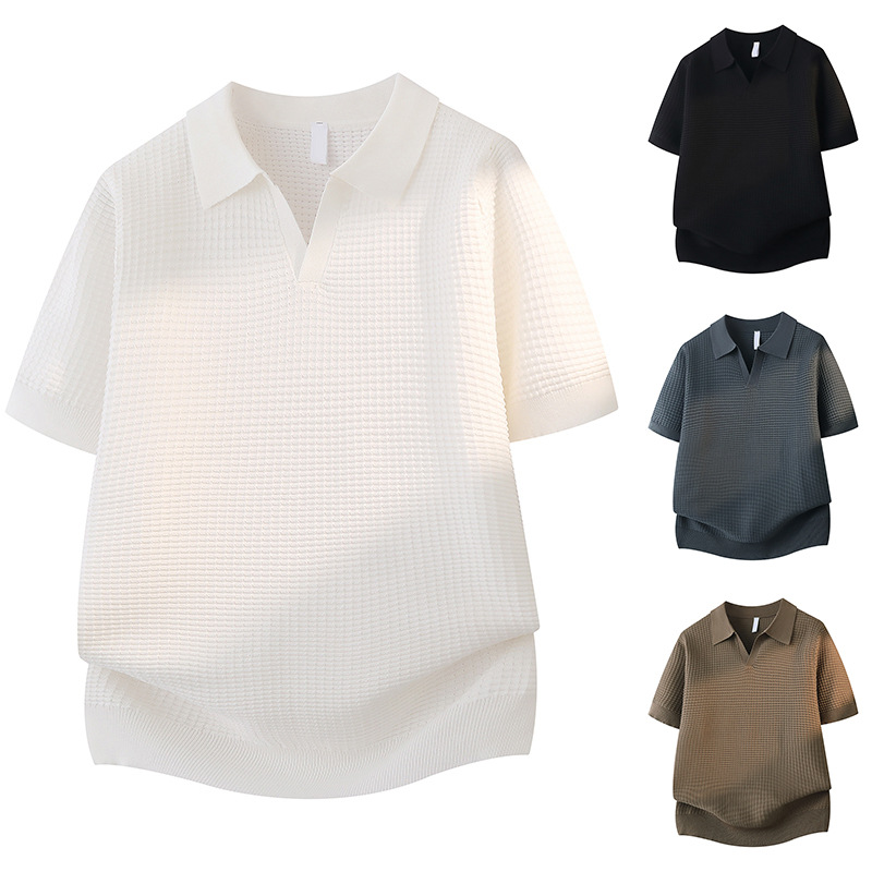 Polo camiseta de punto camiseta de manga corta hombre cuello V gaviota cuello viejo dinero waffle hielo camiseta de verano fábrica transfronteriza al por mayor
