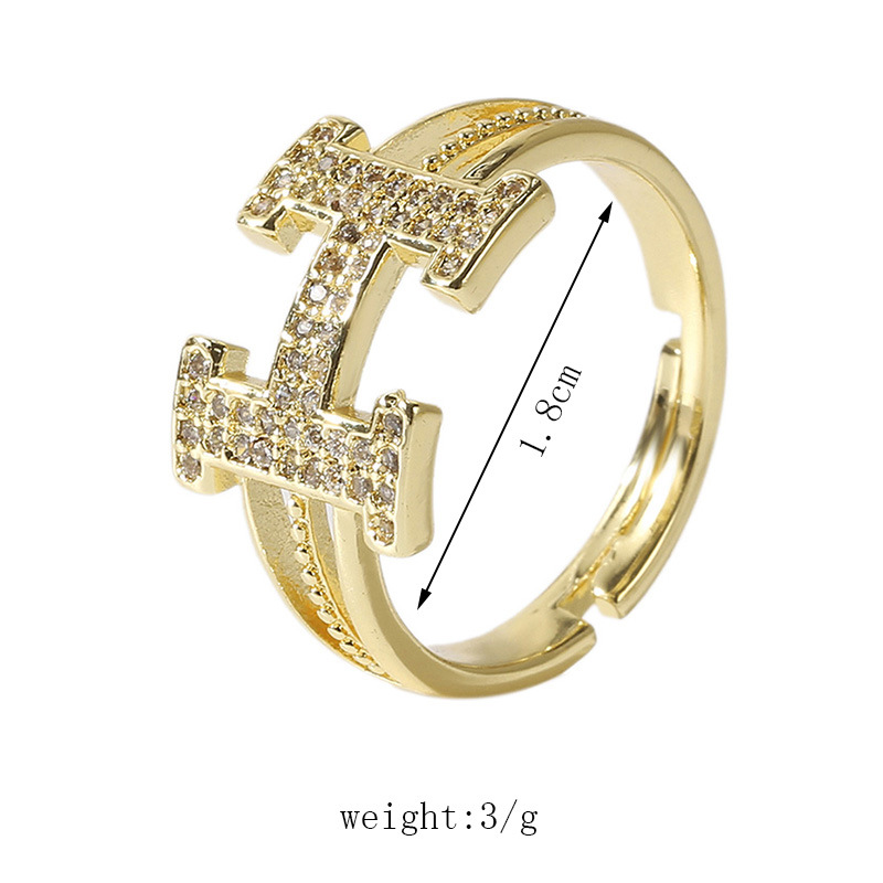 Koreanischer Einfacher Und Niedlicher Kupfer Eingelegter Zirkonium-buchstabe Offener Ring Weiblicher Kreativer Persönlichkeit Echtes Gold Galvani Sierter H-ring-schmuck display picture 1