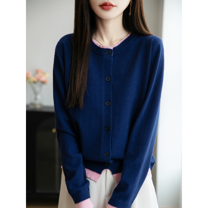 Color-Blocking Faux Two-Piece Knitted Cardigan for Women, New Autumn and Winter Style, Round Neck, Soft Knit Sweater Coat, Single-Breasted Top Color-Blocking Faux Two-Piece Knitted Cardigan for Women, New Autumn and Winter Style, Round Neck, Soft Knit Sweater Coat, Single-Breasted Top