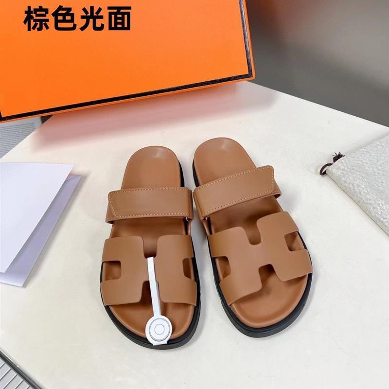 女性用の高品質の二級サンダル、ビーチ用の第一層牛革ベルクロスリッポン、男性用のフラットビッグブランドスリッパ|undefined