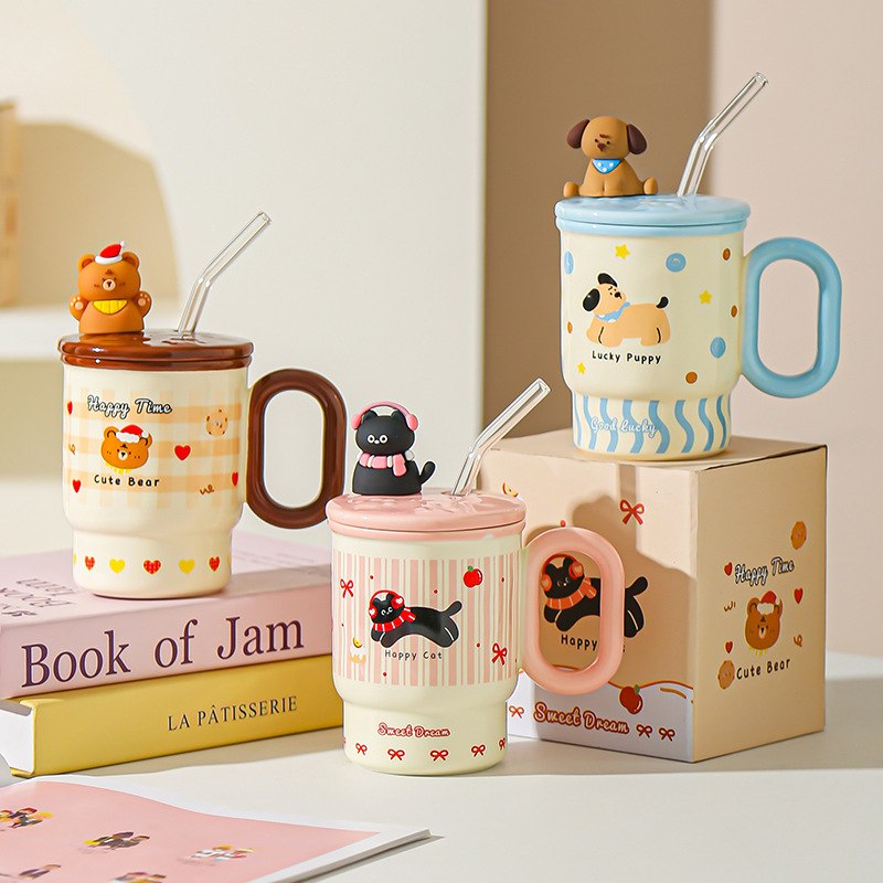 2025 verano nueva taza de paja graffiti animal cerámica con taza de agua cubierta taza de dibujos animados macacos lindos regalos de cumpleaños