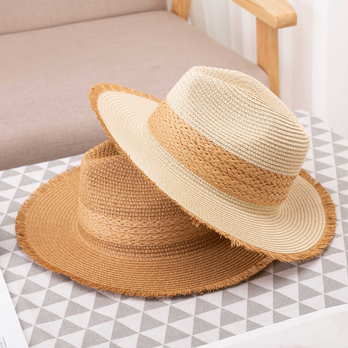 Hat Women's Summer Retro Color-Blocked Straw Hat Raw Edge Sun Protection Sun Hat Korean Style Women's Wide Flat Brim Hat Jazz Top Hat
