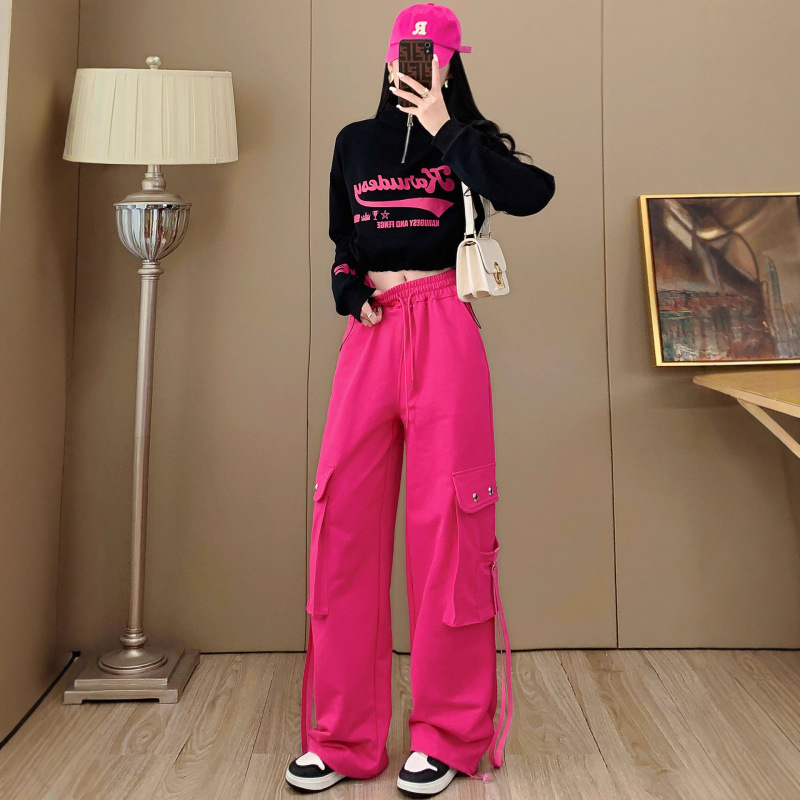 Autumn and Winter Pants for Women 2025 New American Style Sweatpants Loose Wide Leg Pants Straight Casual Pants Rose Red Cargo Pants Autumn and Winter Pants for Women 2025 New American Style Sweatpants Loose Wide Leg Pants Straight Casual Pants Rose Red Cargo Pants