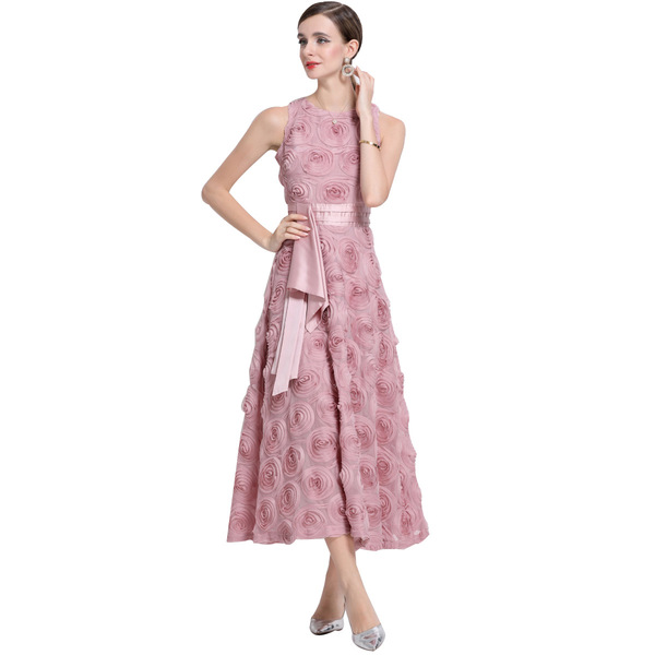 Retro design three dimensional solid color dress with a round collar…