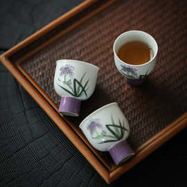 手绘兰花茶杯中式个人杯品茗杯主人杯专用单杯女陶瓷功夫茶