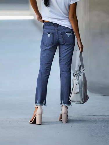 Source Origin Amazon Wish Cross-border Independent Store Women's Slimming Solid Color Easy-to-Wear Hole Straight Leg Jeans