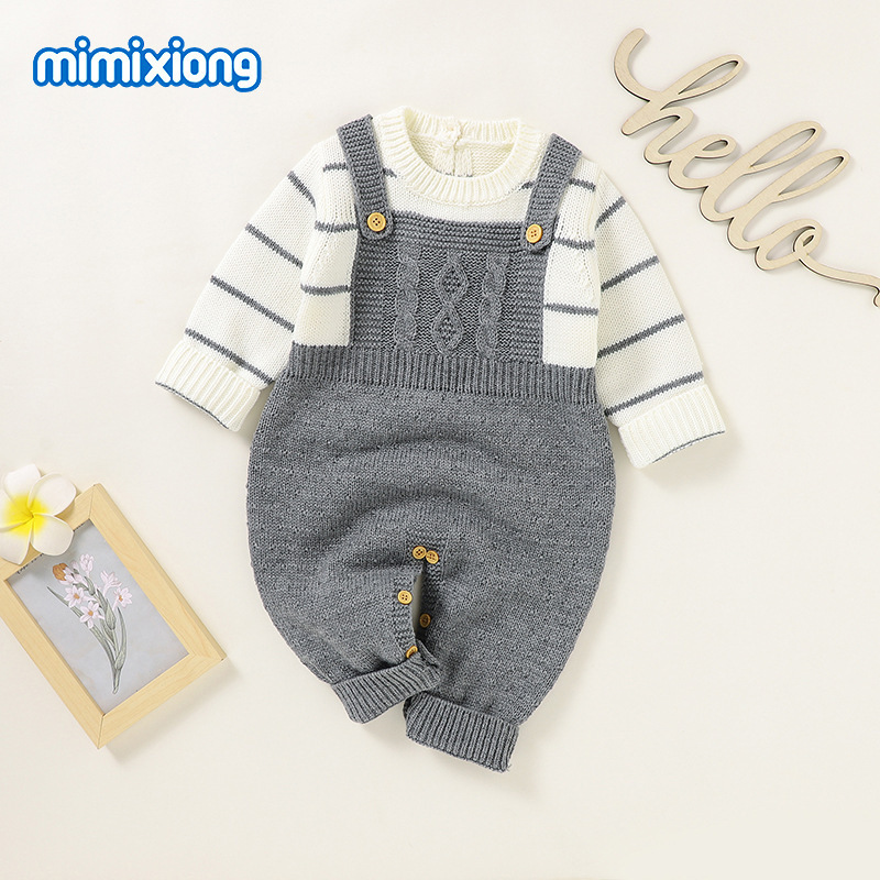 ins热卖新款婴幼童针织条纹假两件哈衣爬服|undefined