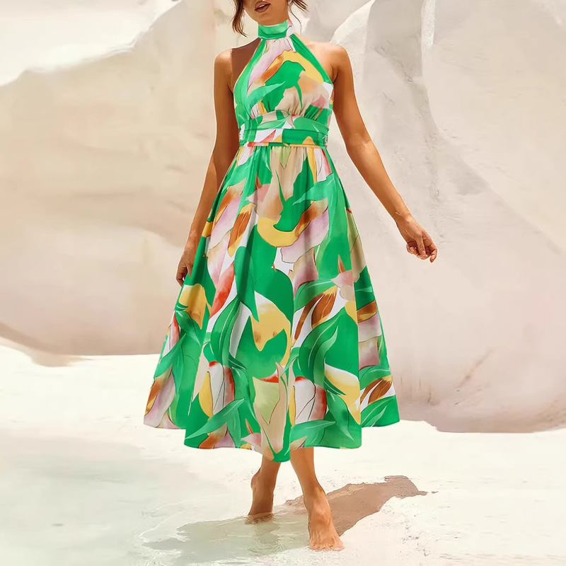 2026 New Amazon Cross-Border Design Halter Neck Sleeveless Waist-Cinching Vacation Style Casual Long Dress