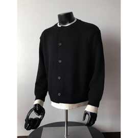 美式复古假两件纽扣新品毛衣春季新款宽松休闲开衫外套男黑色棕色