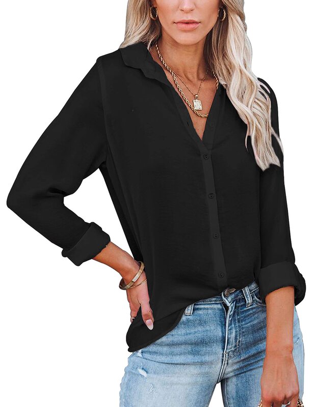 Women's button down V-neck shirt long sleeve/short sleeve office casual business solid color blouse top