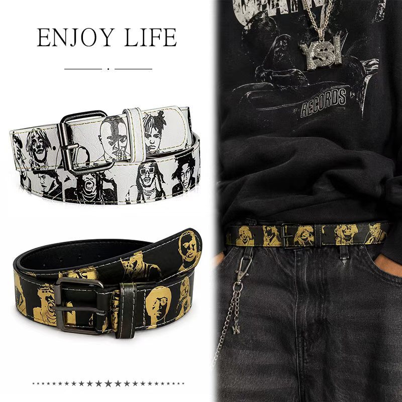 European and American Trendy Black and White Portrait Print Belt, Personalized Hip-Hop Street Style Men's Belt, Fashionable and Versatile Pin Buckle European and American Trendy Black and White Portrait Print Belt, Personalized Hip-Hop Street Style Men's Belt, Fashionable and Versatile Pin Buckle