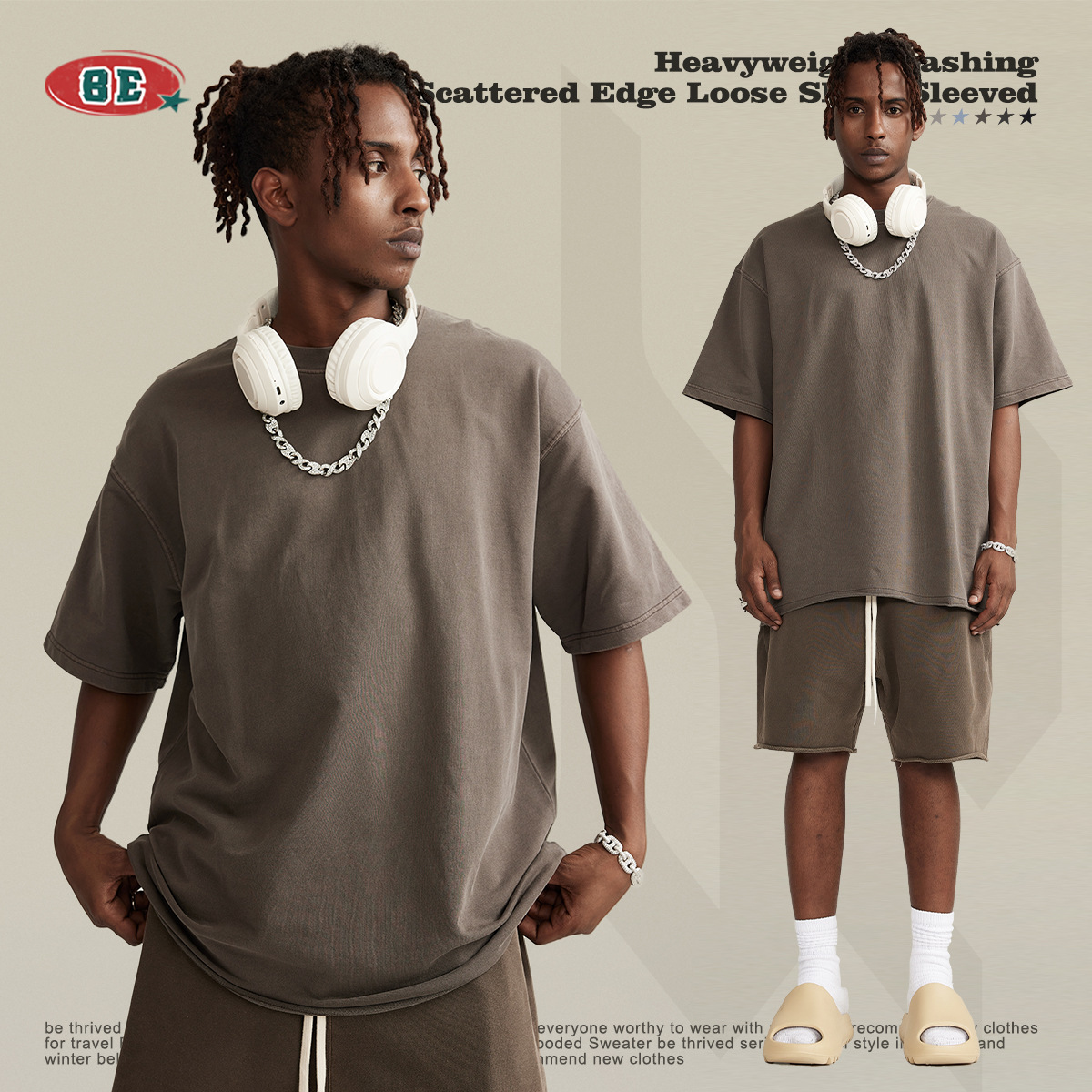 BE ropa de hombre 2025 primavera y verano marca de moda pesada lavado de manga corta adolescente suelto lado suelto camiseta de hombre guapo algodón