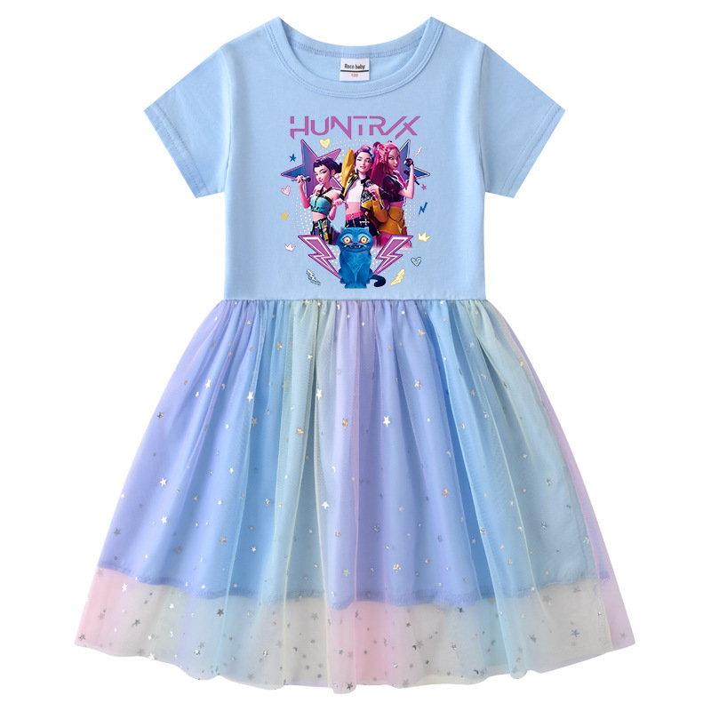 Children's Short-Sleeved Summer Girls' Spring and Autumn Long-Sleeved Kpop Demon Hunter Girls' Rainbow Sequin Mesh Princess Dress Children's Short-Sleeved Summer Girls' Spring and Autumn Long-Sleeved Kpop Demon Hunter Girls' Rainbow Sequin Mesh Princess Dress