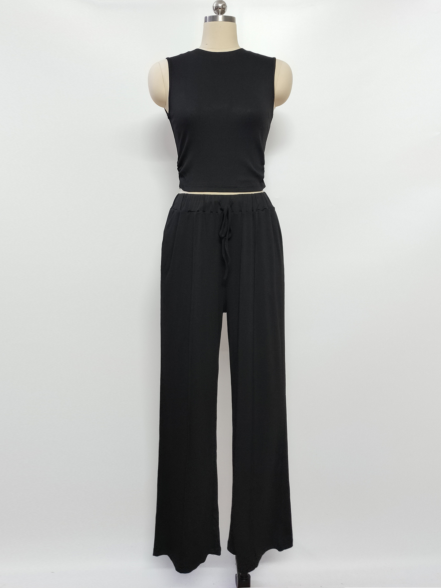 Women's Clothing Summer Leisure Suit Sleeveless Round Neck Short Slim Fit Top Wide Leg Pants Two Piece Suit_ecoleips.com