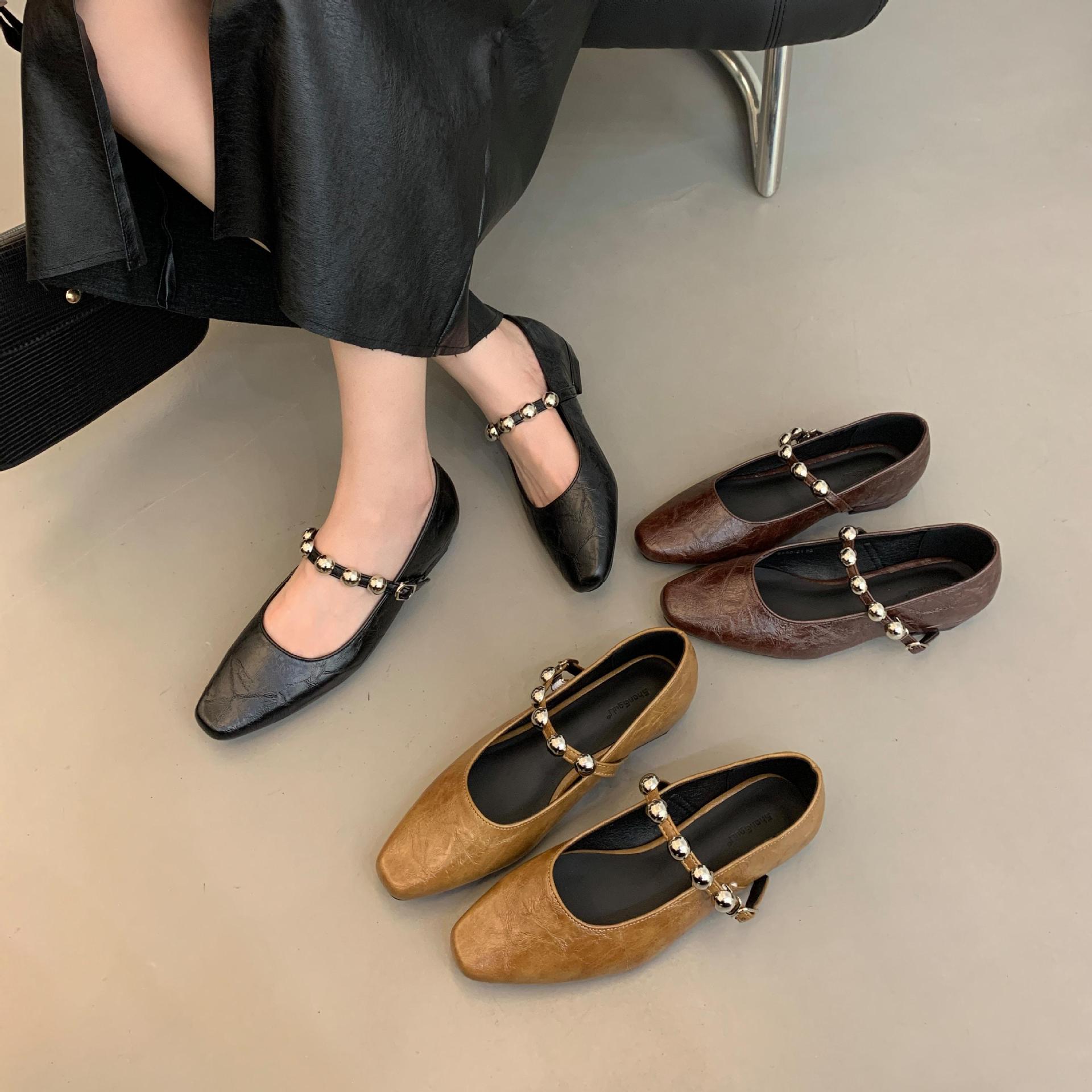 Exclusive autumn retro Mary Jane shoes square toe with rhinestones…