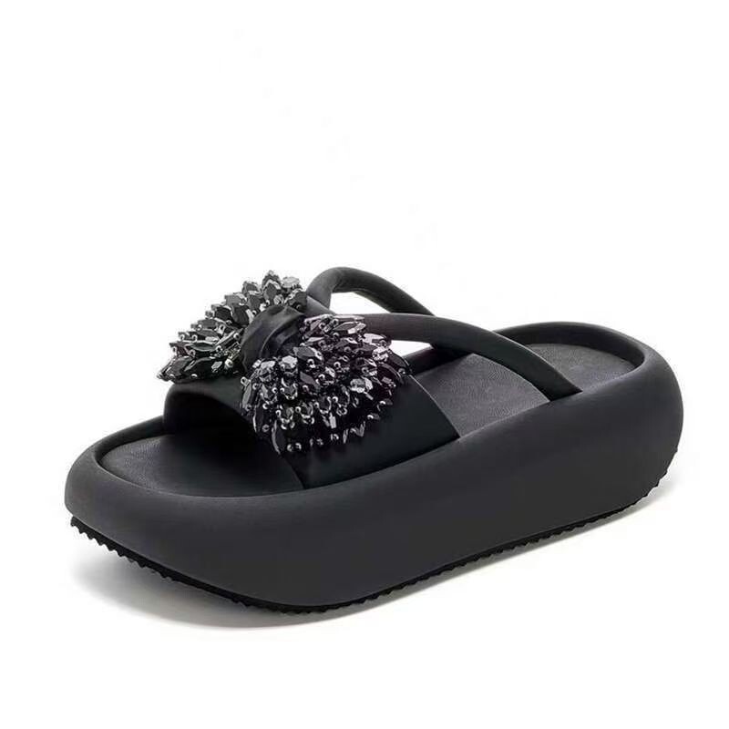Beautiful Rhinestone Bow Sheepskin Slip-On Sandals for Women, Summer 2026 New Versatile Fashion Casual Outdoor Slippers