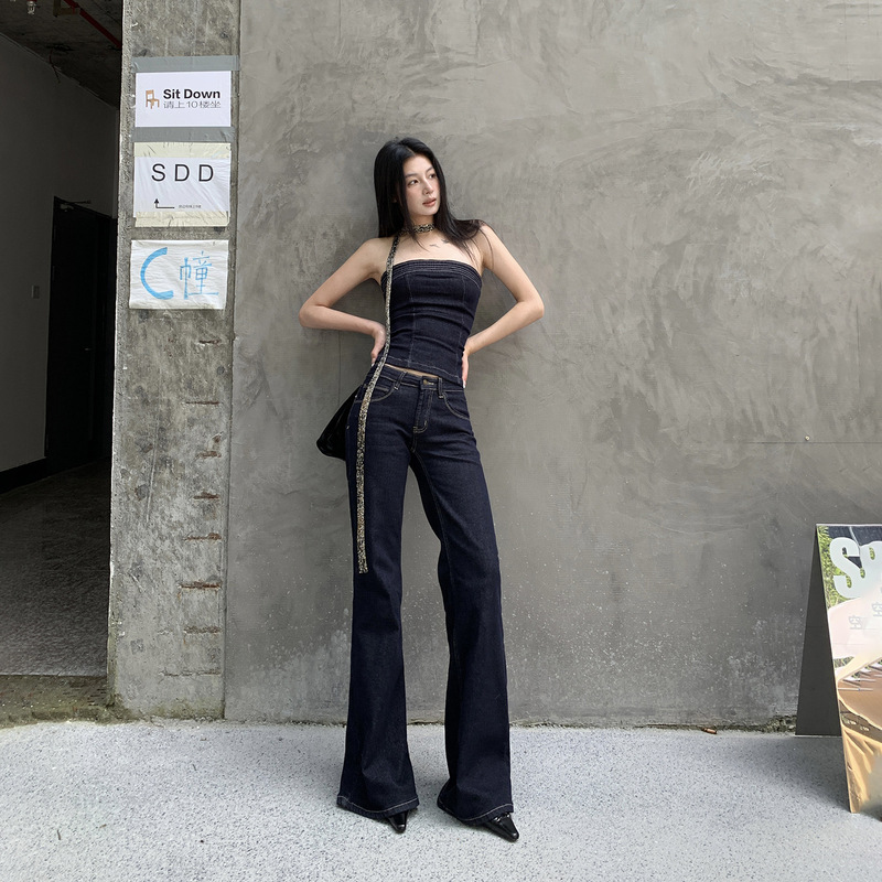 Original Color Denim Color-Blocked Tube Top and Stretchy Skinny Flared Jeans 2026 Spring/Summer New Denim Set