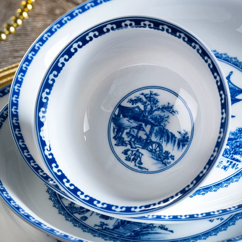 Городской шарм Jingdezhen фарфор. Длинный лужаоу павильон синий и белый фарфор посуда миски и ложки белый фарфор толстые пригодна для microwave обновитель подарочная упаковка