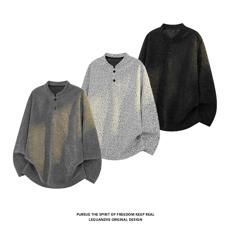 Gray Chenille Long-Sleeved Polo Shirt T-Shirt for Men and Teenagers Henry Collar Sweatshirt Heavy Right Shoulder Stand Collar Bottoming Shirt Gray Chenille Long-Sleeved Polo Shirt T-Shirt for Men and Teenagers Henry Collar Sweatshirt Heavy Right Shoulder Stand Collar Bottoming Shirt