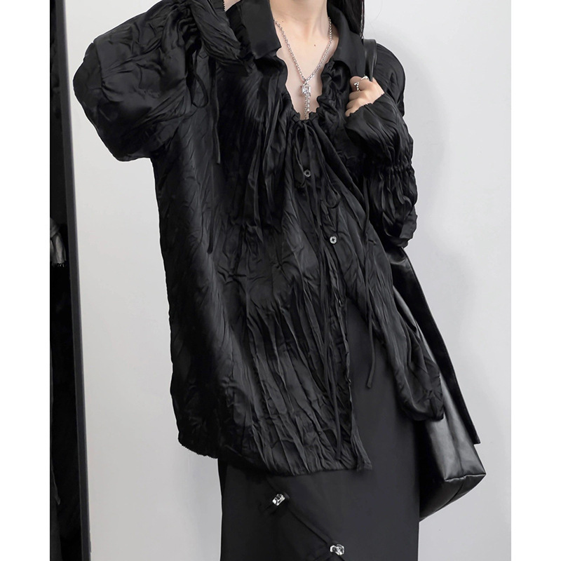 Dickwood/Cold Style Drawstring Full Pleated Silk Satin Long-Sleeved Shirt Niche Drawstring Trumpet Sleeve Loose Top