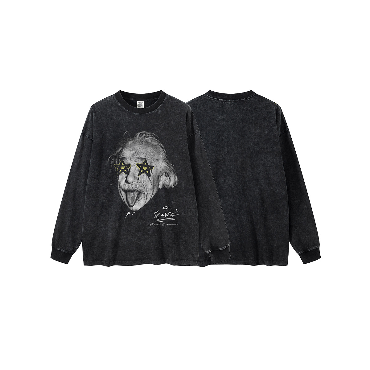 Ropa para hombre BE | Camiseta de manga larga con efecto desgastado y estampado de Einstein y ojos estrellados para hombre, estilo retro, otoño 2025