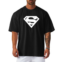 男士超人印花健身加大码短袖夏季网孔运动服美式健美宽松T恤