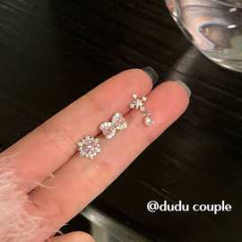 爆闪雪花镶钻耳骨钉平底蝴蝶结耳蜗钉女