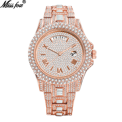 MISSFOX watch foreign trade hot-selling fashion high-end dual calendar business full diamond English men's watch hiphop