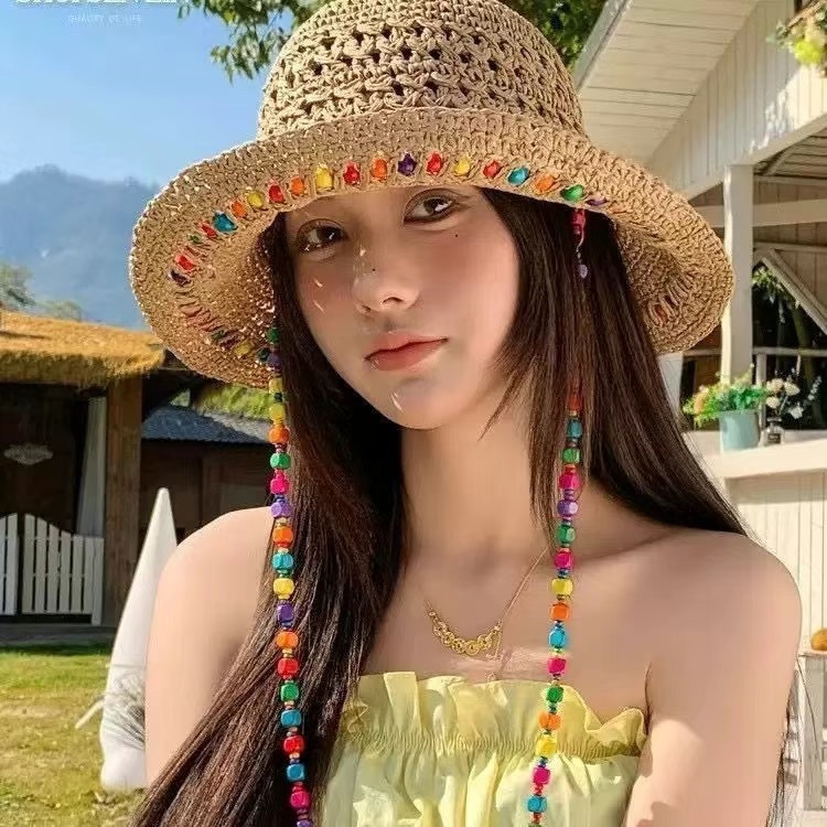 2025 新カラードーパミンヒョナ風編み麦わら帽子女性のカラフルな木製ビーズサンハット顔を小さくする海辺|undefined