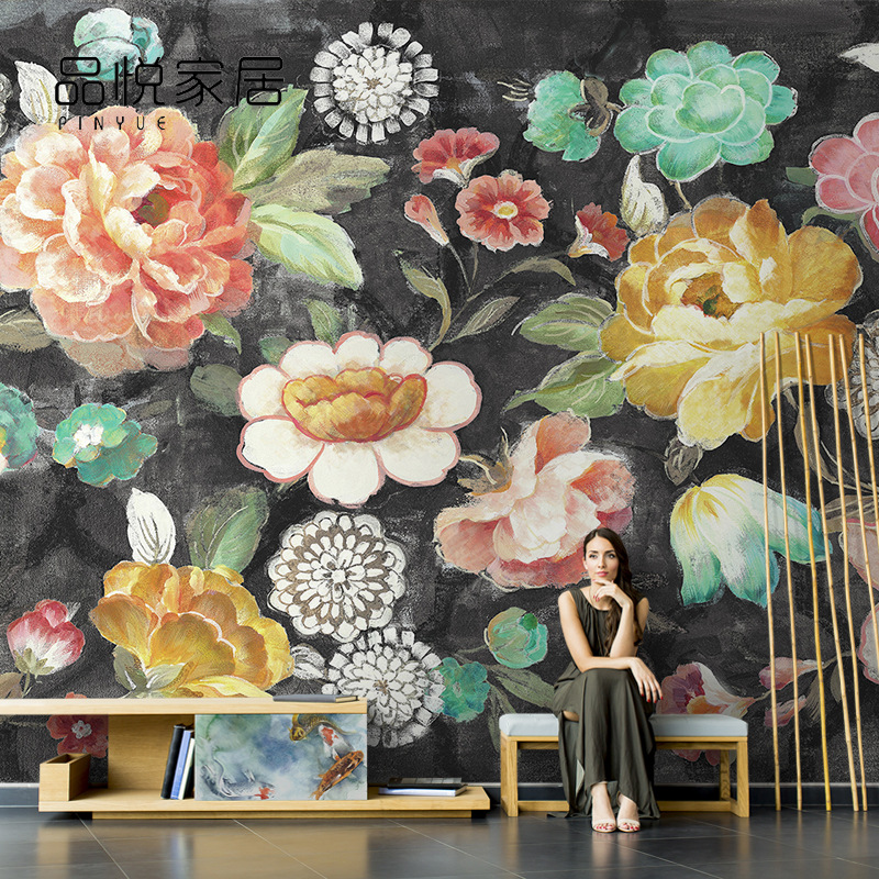 美式乡村田园花卉玫瑰客厅电视背景墙纸沙发无缝壁纸大型壁画墙布