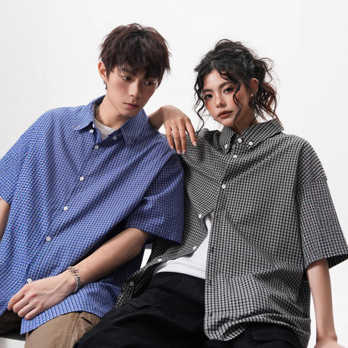 American grid short-sleeve shirt for men and women, summer trendy brand loose pure cotton open jacket, casual couple's shirt and outerwear