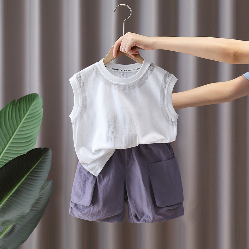 7372 Traje de verano para niños 2025 Nueva ropa sin mangas de verano Chaleco y pantalones cortos de dos piezas de verano