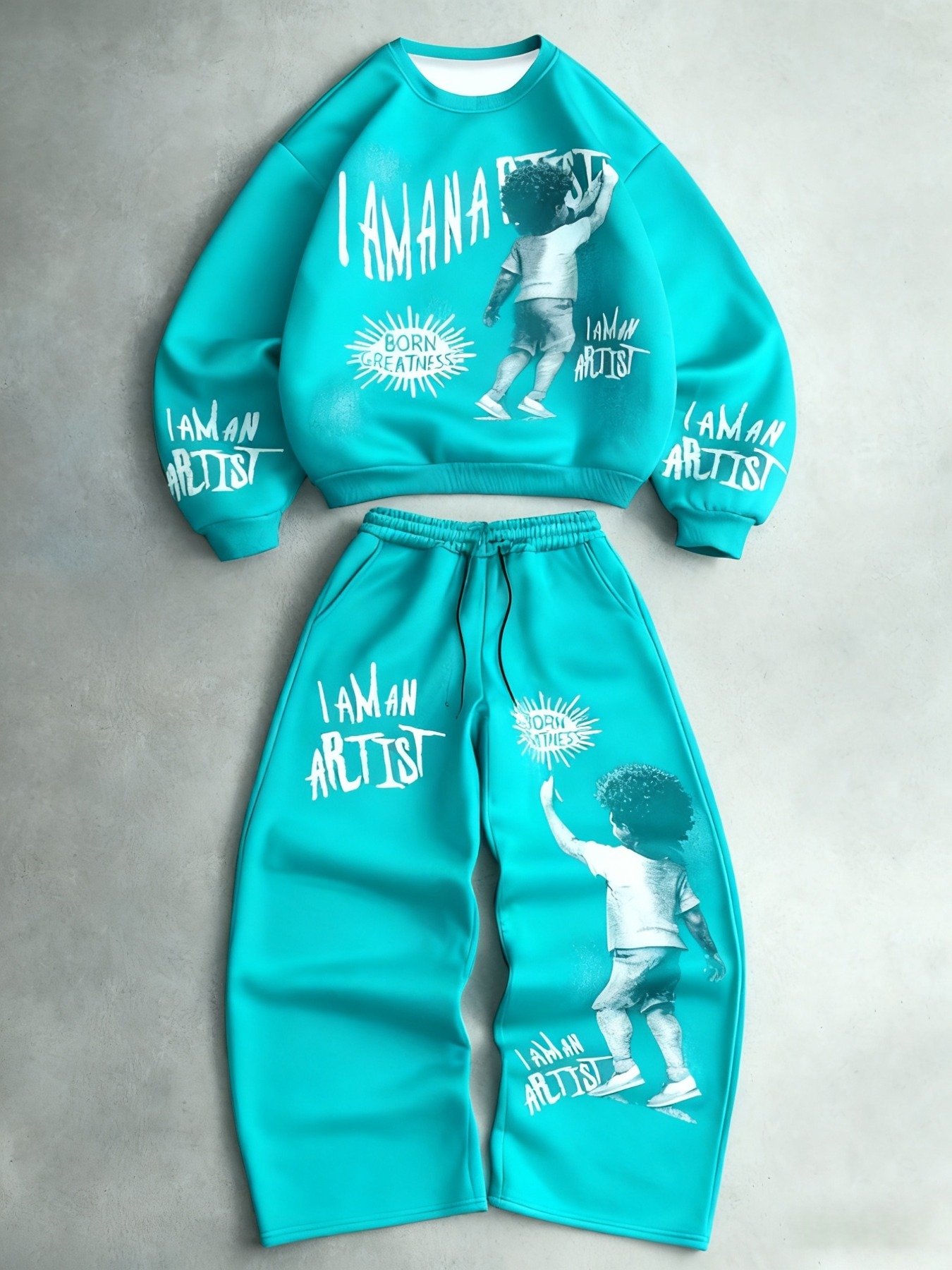 Bedruckter Herren-Trainingsanzug „I AM an ARTIST“: Stylischer Rundhals-Hoodie und Jogginghose – bequemes Zweiteiler-Outfit für Freizeit und Streetwear._voghion.com