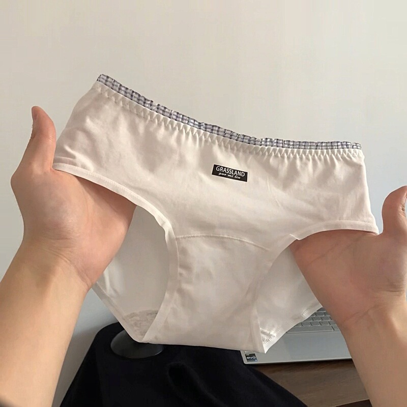 Japanese-Style Minimalist College-Style Pure Cotton Women's Mid-Waist Plaid-Edged Breathable Young Girl Student Cotton Panties