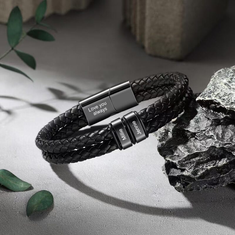 Hand-Woven Men's Leather Bracelet with Black Stainless Steel Clasp, Engraved Magnetic Clasp, Black Double-Layer Leather Bracelet