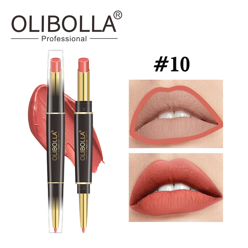 OLIBOLLA lápiz labial de doble cabeza delineador de labios 24 colores perlado color impermeable lápiz labial giratorio exclusivo transfronterizo