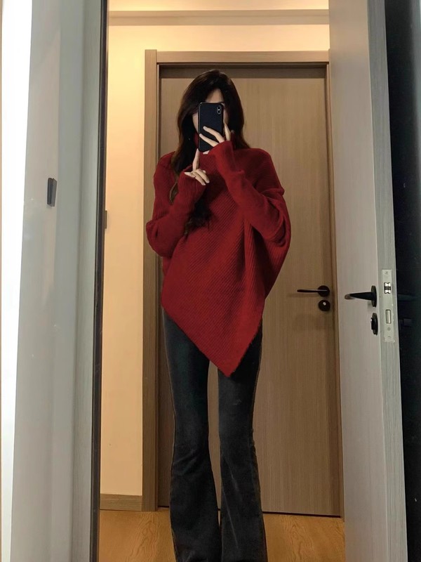 高领不规则小众设计感毛衣女秋冬韩版宽松慵懒风软糯针织上衣加厚|undefined