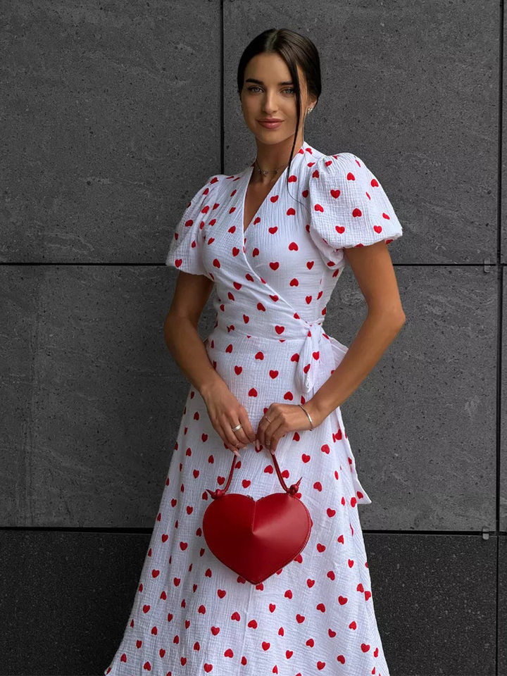 Đầm liền cotton in hoa cổ chữ V tay bồng buộc dây lưng cao — Hoa oải hương, Hoa tulip màu hồng, Màu be, Màu hồng chi tiết 27
