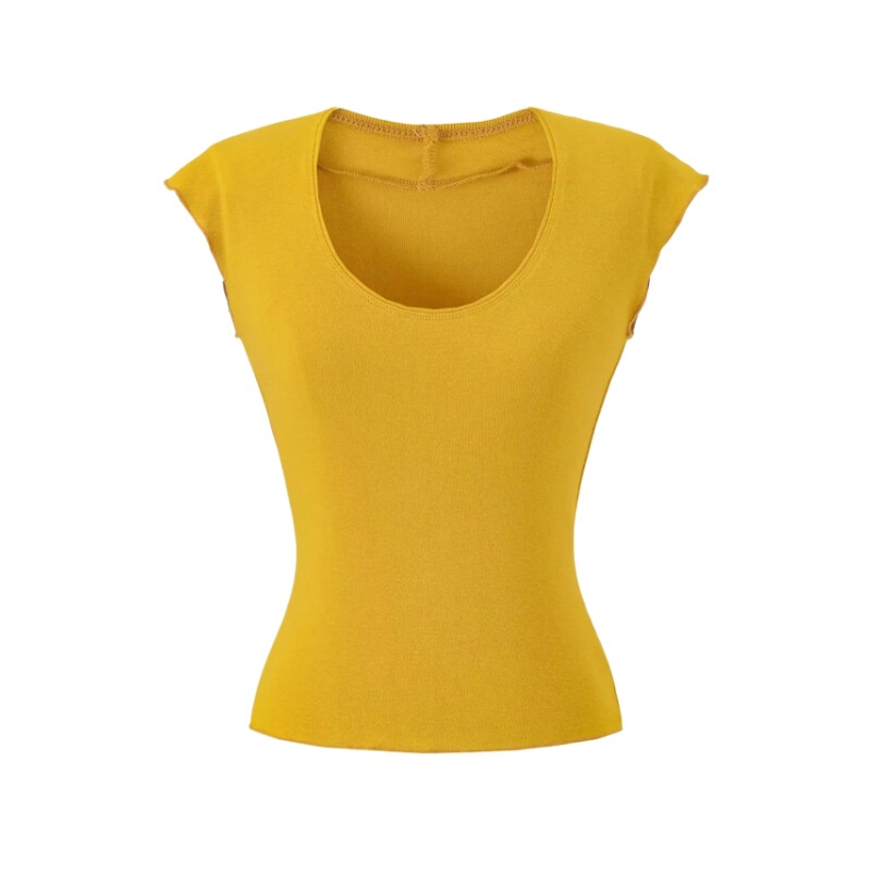 European and American Style U-Neck Short-Sleeve T-Shirt for Women, Pure Desire Elastic Tight-Fitting Solid Color Short Top with Ruffled Hem European and American Style U-Neck Short-Sleeve T-Shirt for Women, Pure Desire Elastic Tight-Fitting Solid Color Short Top with Ruffled Hem