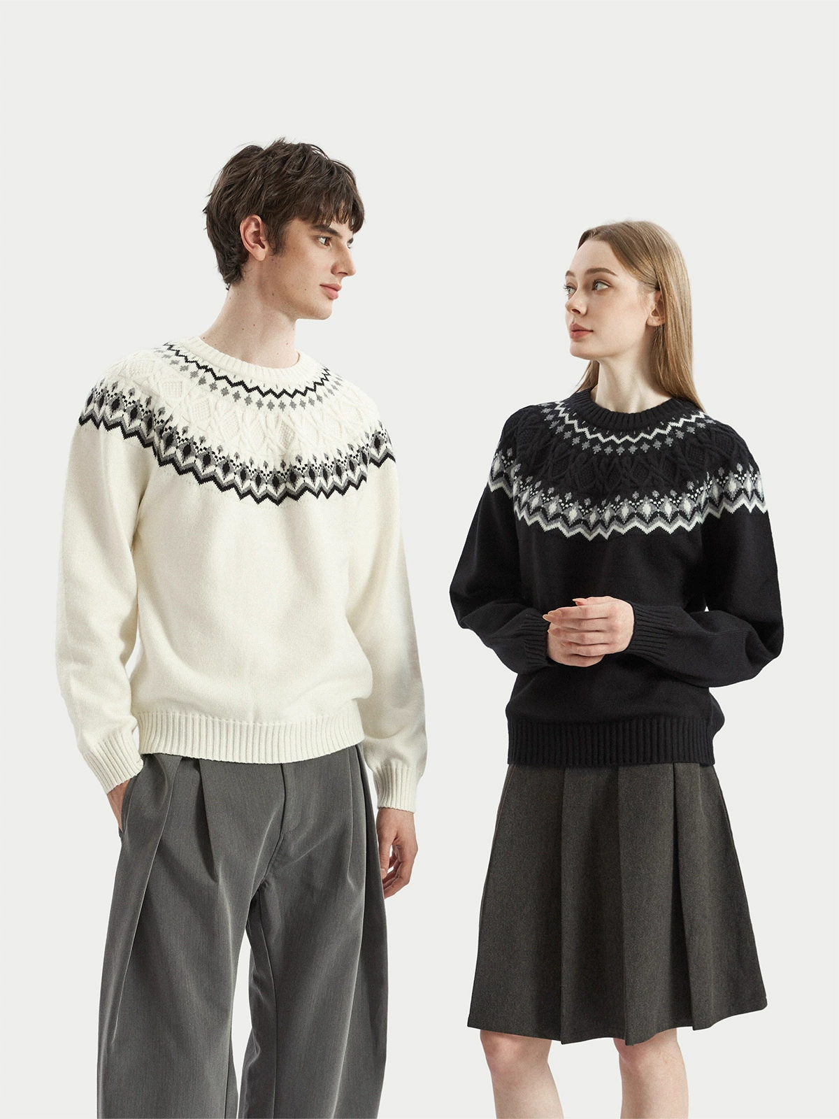 【JMWH】Ночная вечерняя Fair Isle вязка с воротником-стойкой, удобный и дышащий реглан-свитер