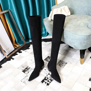 009-20 Pointed knee length boots for women in autumn and winter, new elastic thin boots, thick heels, suede, thin, versa