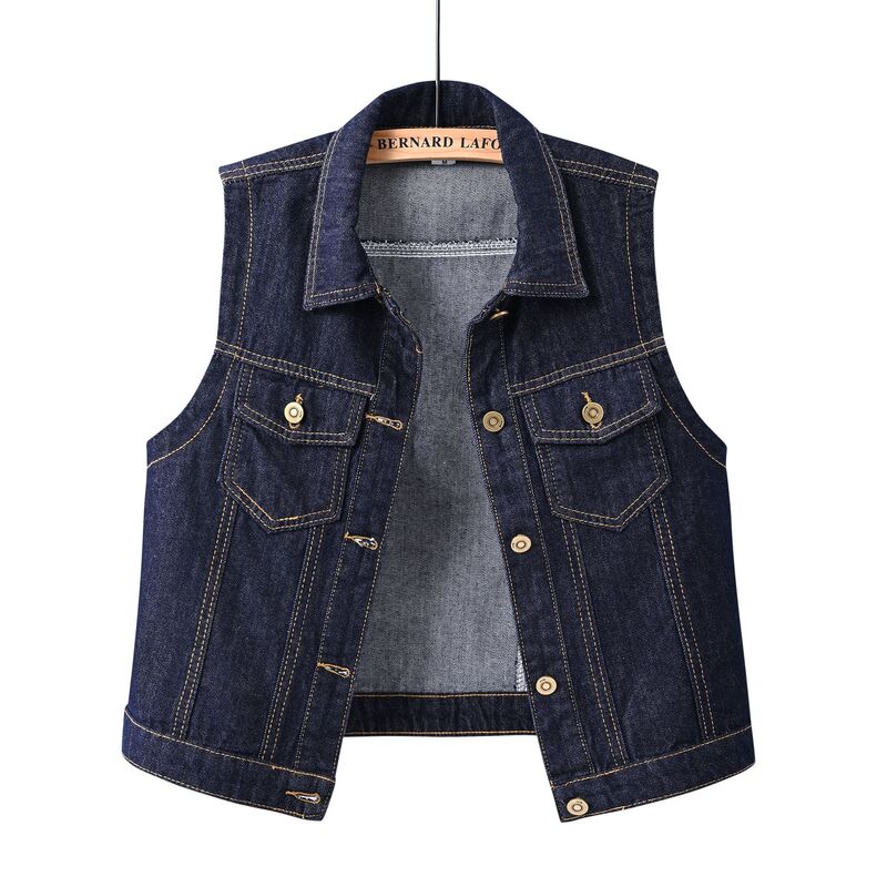 Dark Blue Women's Denim Vest Sleeveless Top Casual Retro Slim Fit Stylish Cross-Border