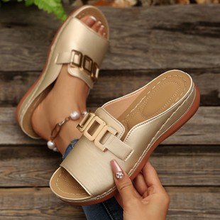 Foreign Trade 2025 Spring New Cross-border European and American plus size Fish Mouth Metal Chain Casual Outer Wear One-word Sandals for Women