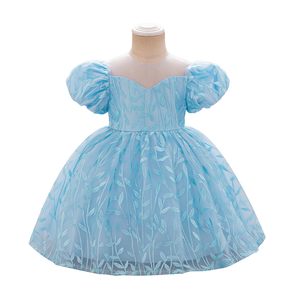 유럽과 미국의 새로운 꽃 소녀 생일 공주 원피스 한 살짜리 원피스 어린이 버블 슬리브 자수 메쉬 스커트 피아노