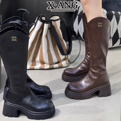 牛皮V口显瘦高跟长靴不过膝高筒靴子女厚底增高小个子粗跟骑士靴