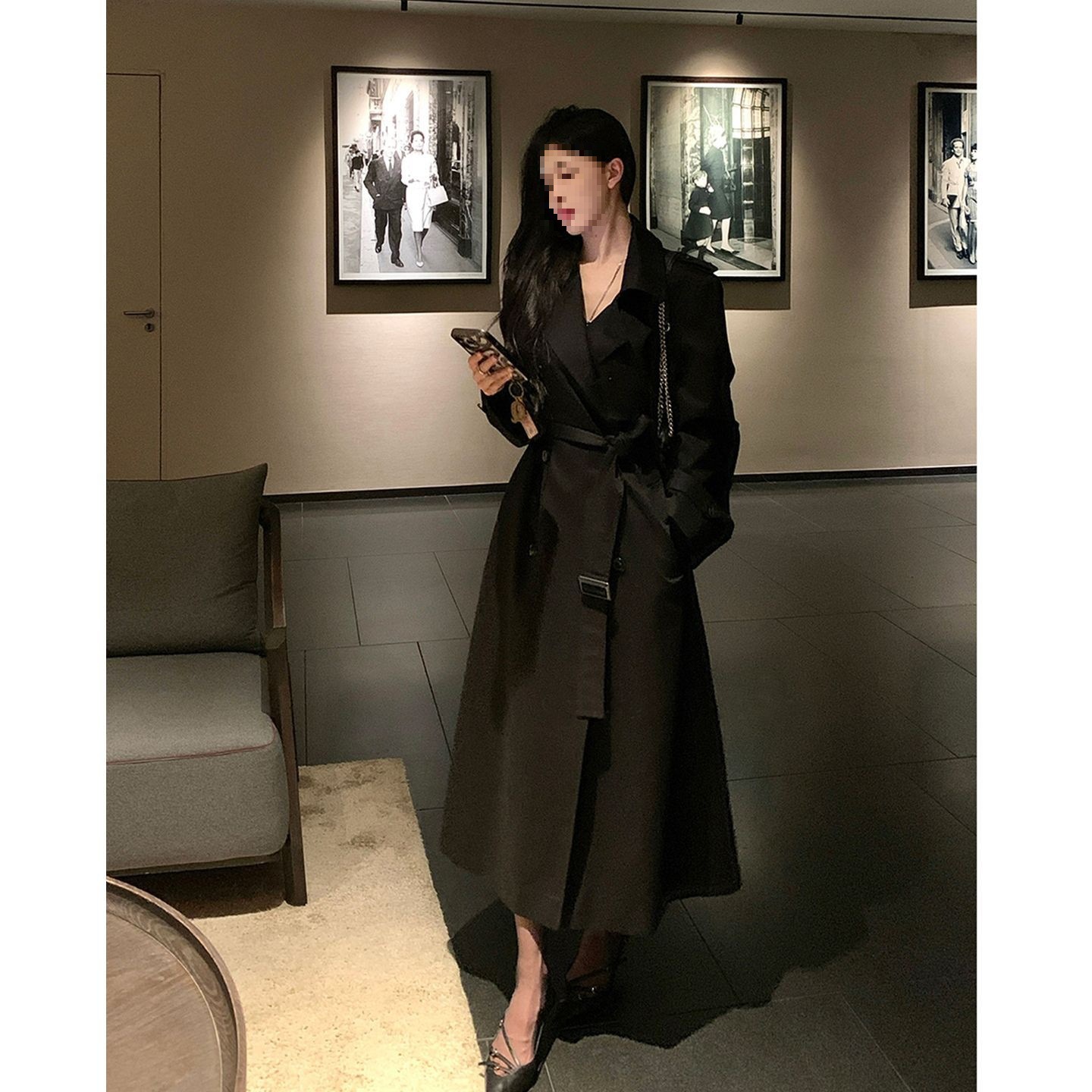 Tall Windbreaker Jacket for Women, Extended Version, Spring and Autumn New Style, British Style, Extra Long Black Elegant Coat