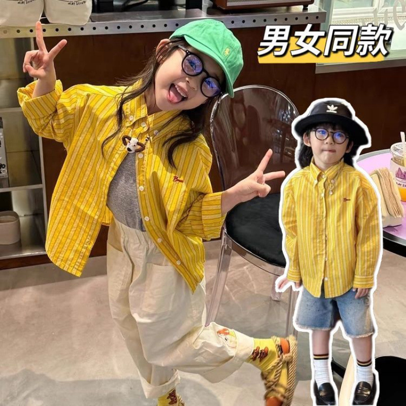 韩版儿童春夏衬衫2025新款男女宝宝条纹字母刺绣衬衣黄色百搭上衣