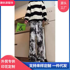 春秋男潮宽松直筒牛仔裤重磅砂洗复古休闲牛仔长裤男士黑色配靴裤