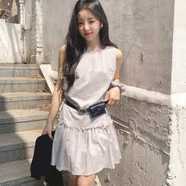 韩国chic夏季新款法式甜美减龄花边设计感褶皱无袖连衣裙短裙子女