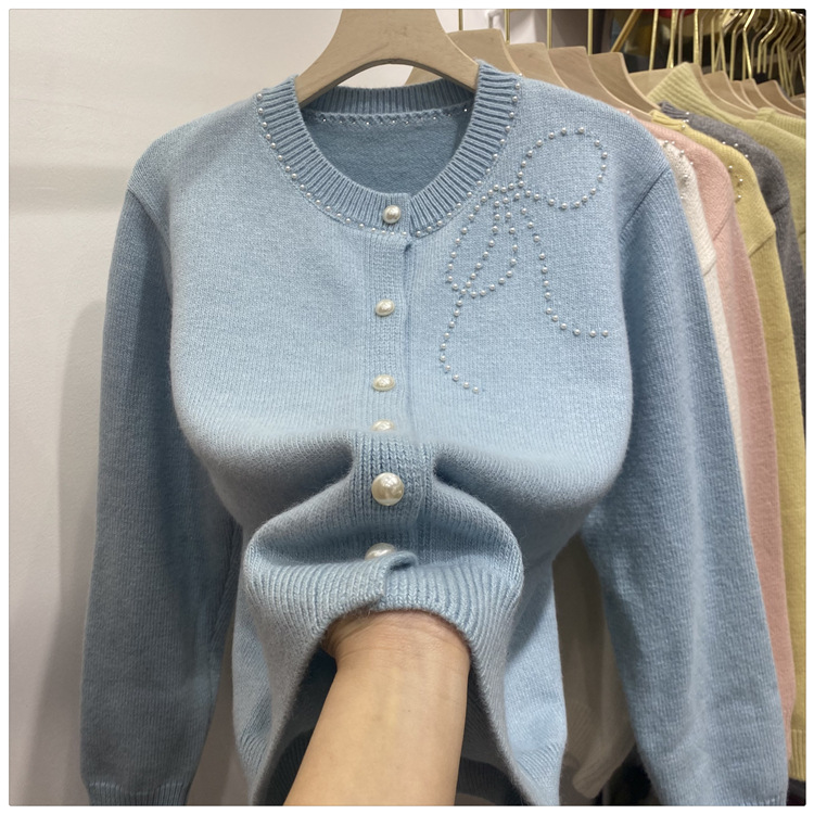 Women's Clothing Chic Embellished Bow Knit Cardigan For Women - Autumn Casual Long Sleeve Open Front Sweater (Blue, Yellow, Gray, Beige, Pink)​_voghion.com